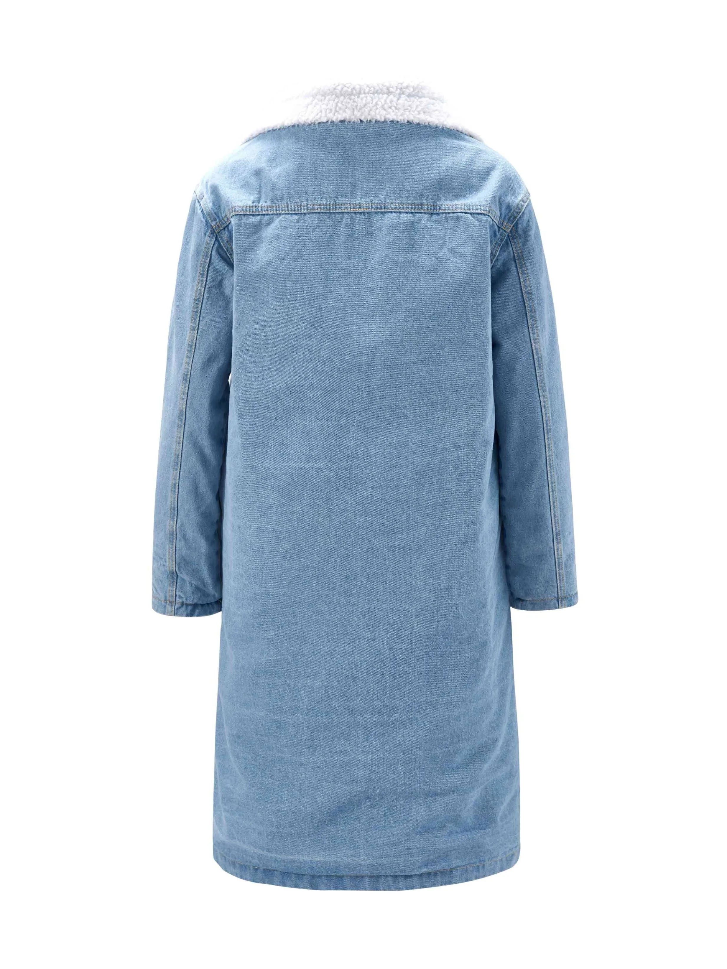 Furry Inside Denim Long Coat, Heated Warm Winter Coat, Flap Pockets Button Closure Loose Warm Denim Jacket, Women's Denim Jackets & Coats, Women's Clothing