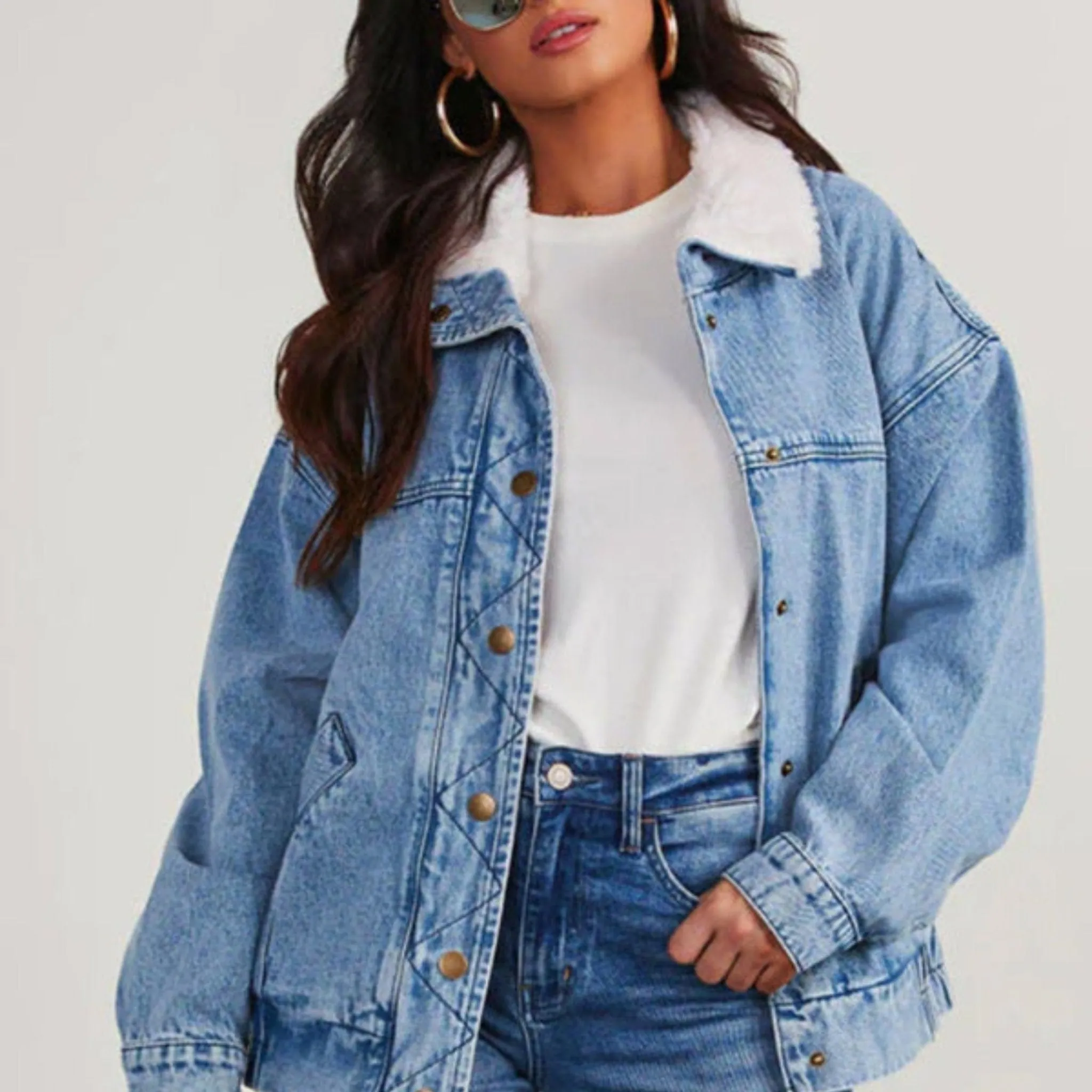 GYPSY GIRL - Loose Fur Collar Denim Jacket