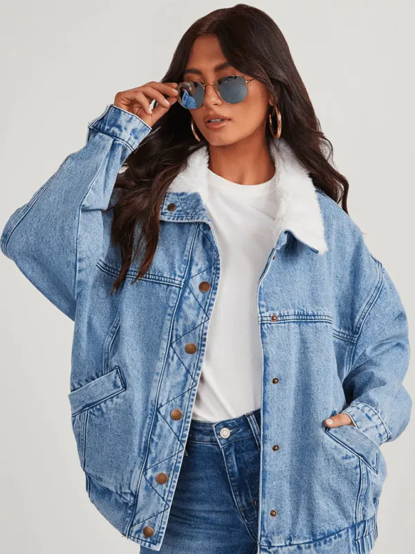 GYPSY GIRL - Loose Fur Collar Denim Jacket
