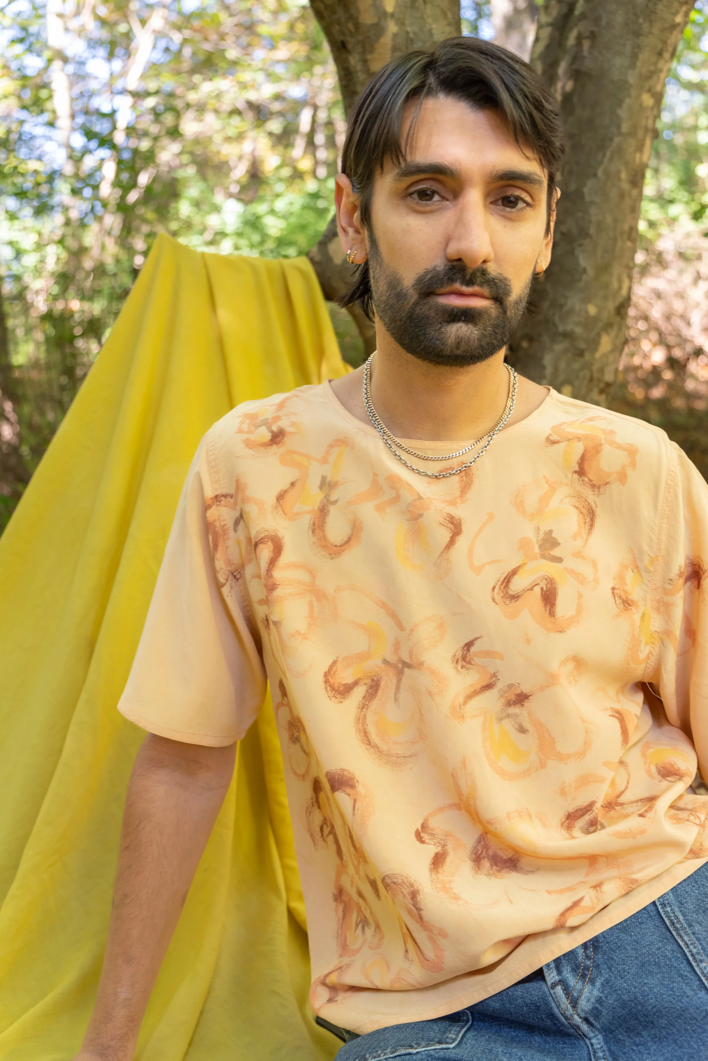 Hand-Painted Silk Short Sleeve Top - Autumn Florals
