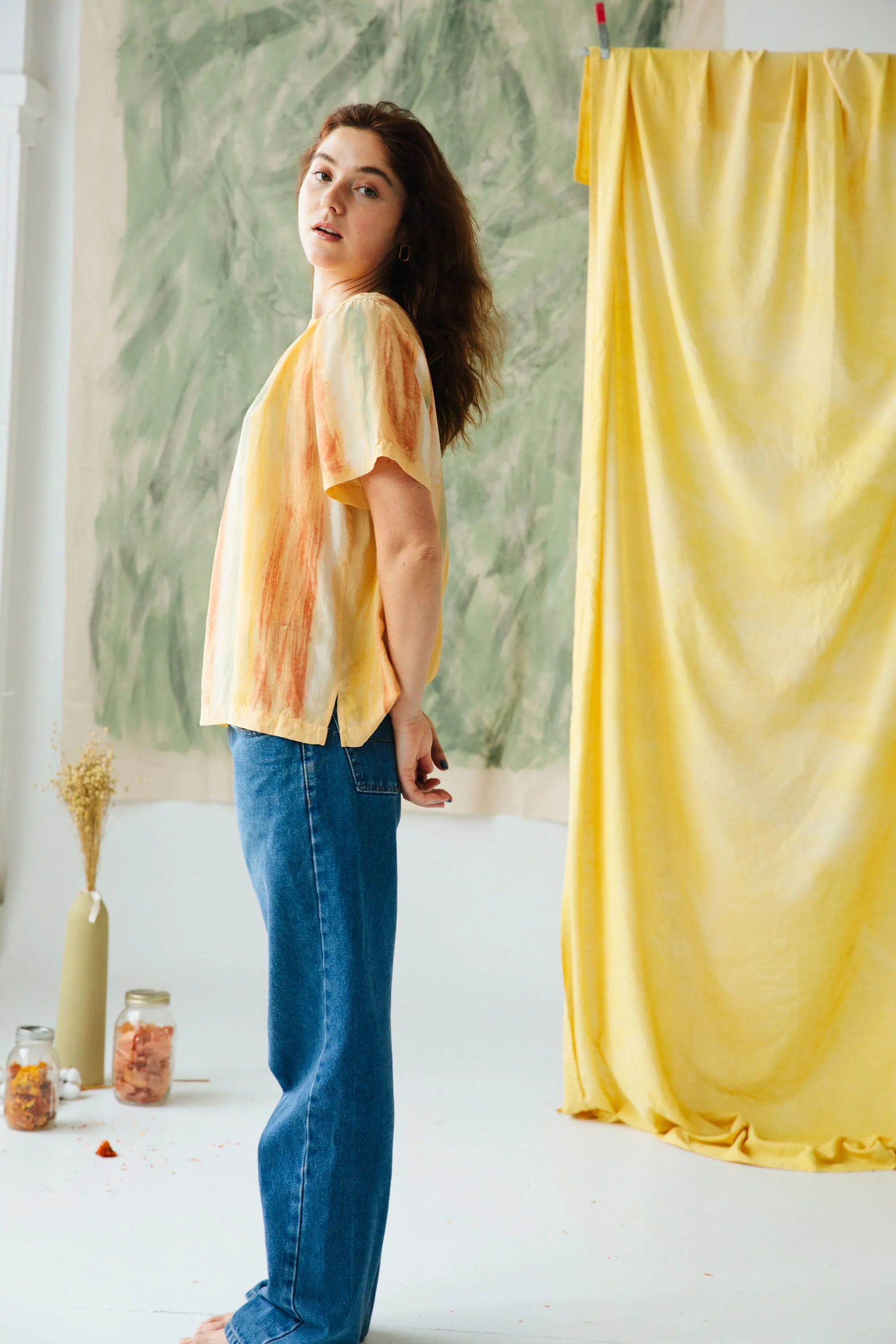 Hand-Painted Silk Short Sleeve Top - Pigment Stripes