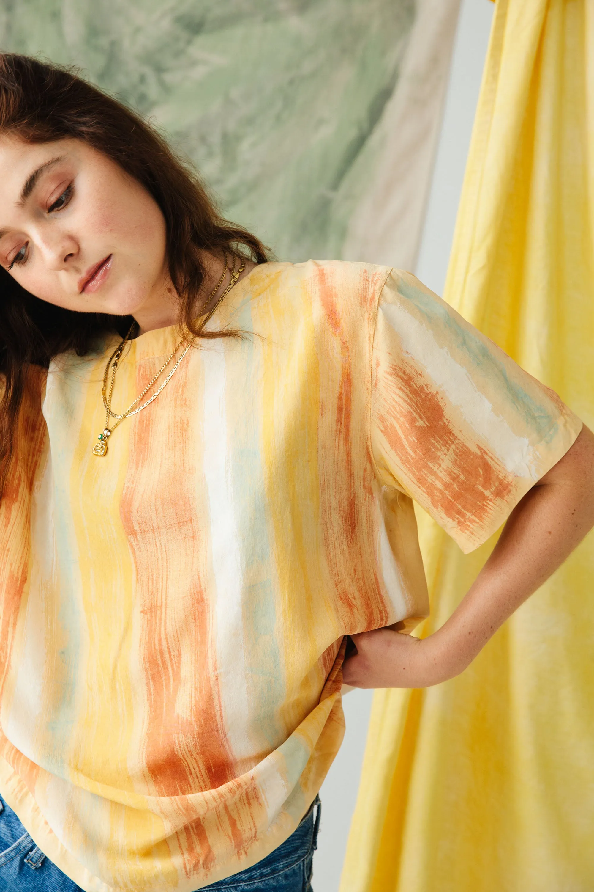 Hand-Painted Silk Short Sleeve Top - Pigment Stripes