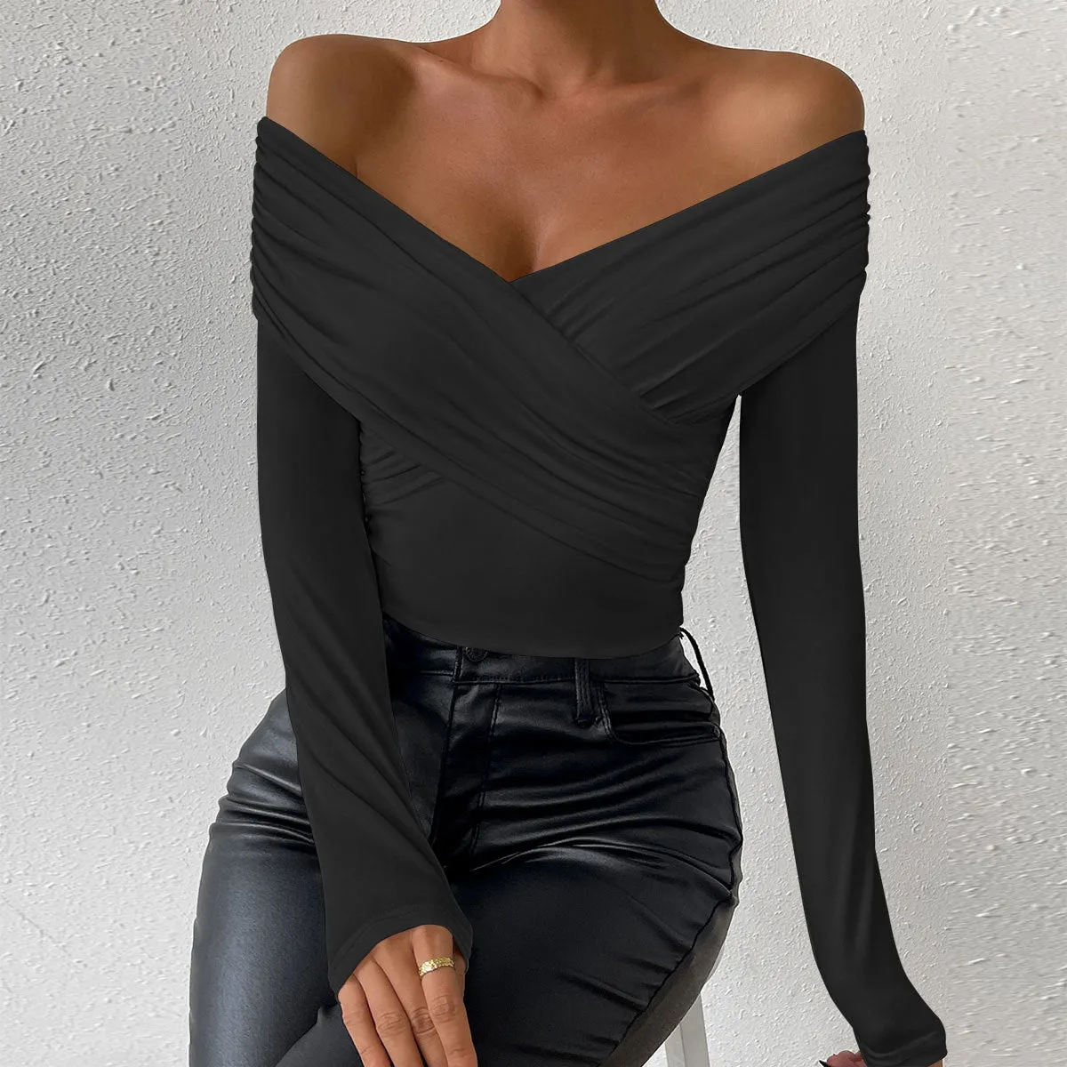 Jazzher leapord halloween outfit 2024 Autumn and Winter Sexy Deep V Long-Sleeved Women's Small Top Pleated off-the-Shoulder Women's Clothing