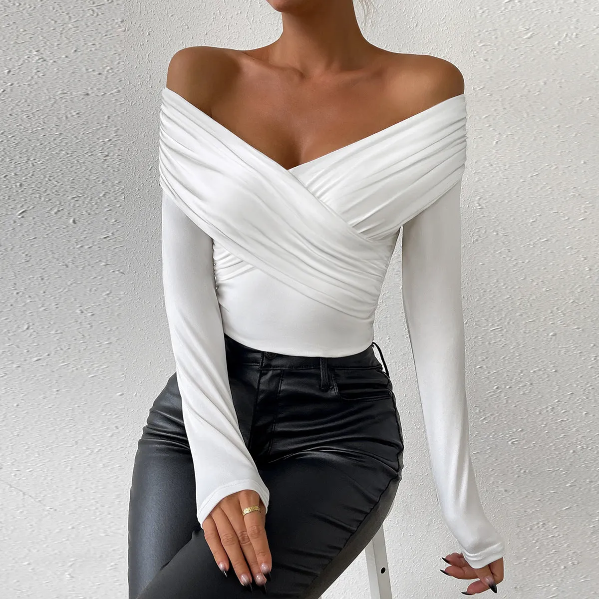 Jazzher leapord halloween outfit 2024 Autumn and Winter Sexy Deep V Long-Sleeved Women's Small Top Pleated off-the-Shoulder Women's Clothing