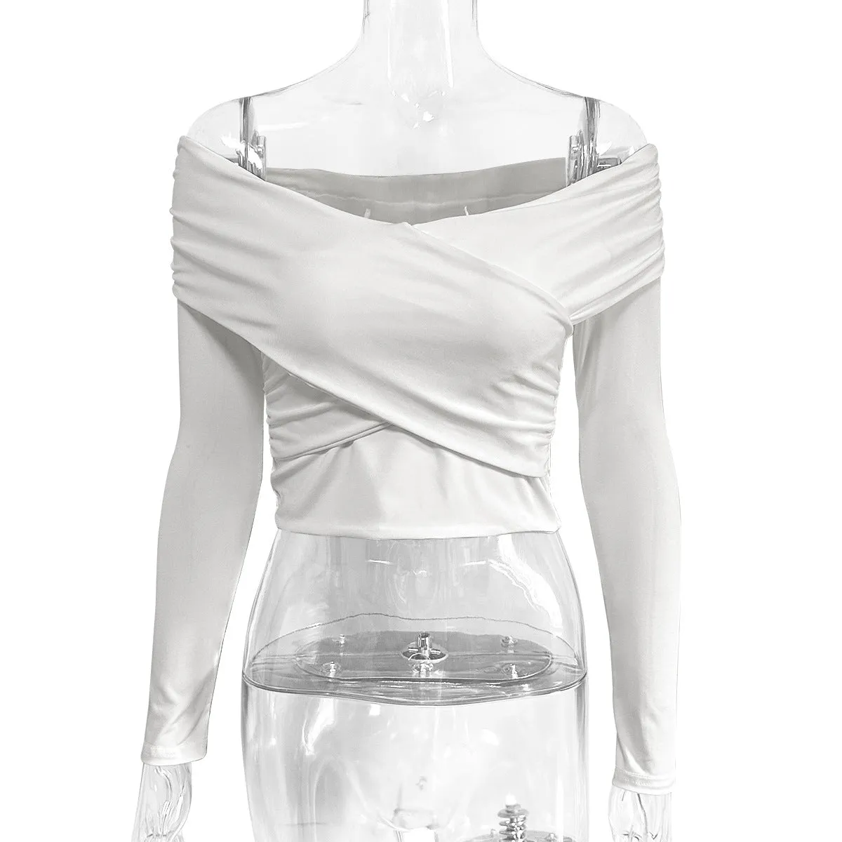 Jazzher leapord halloween outfit 2024 Autumn and Winter Sexy Deep V Long-Sleeved Women's Small Top Pleated off-the-Shoulder Women's Clothing