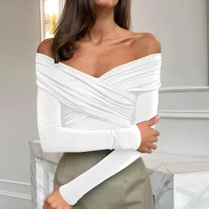 Jazzher leapord halloween outfit 2024 Autumn and Winter Sexy Deep V Long-Sleeved Women's Small Top Pleated off-the-Shoulder Women's Clothing