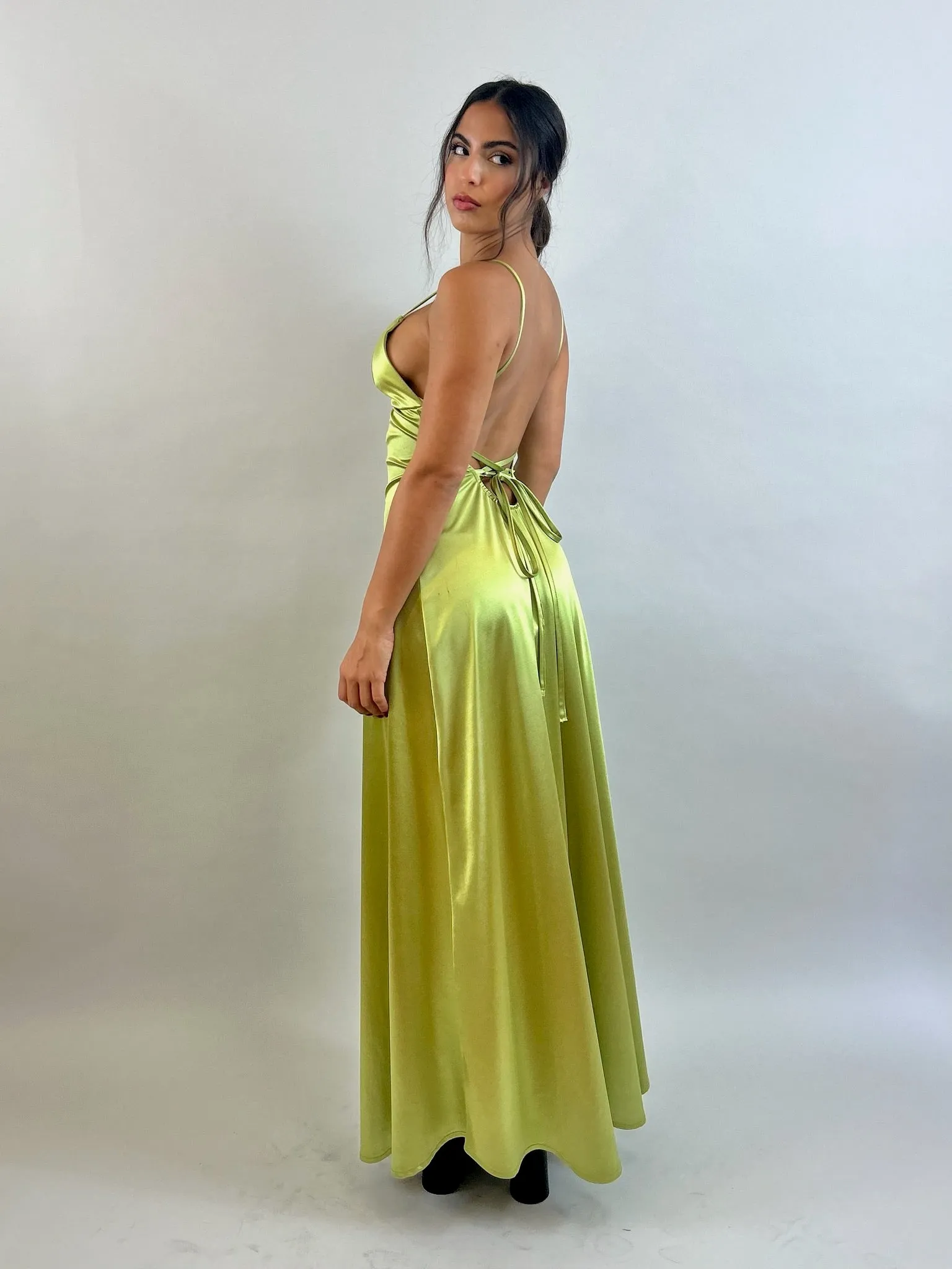 Jessy - Bright Green V-Neck Satin Evening Dress