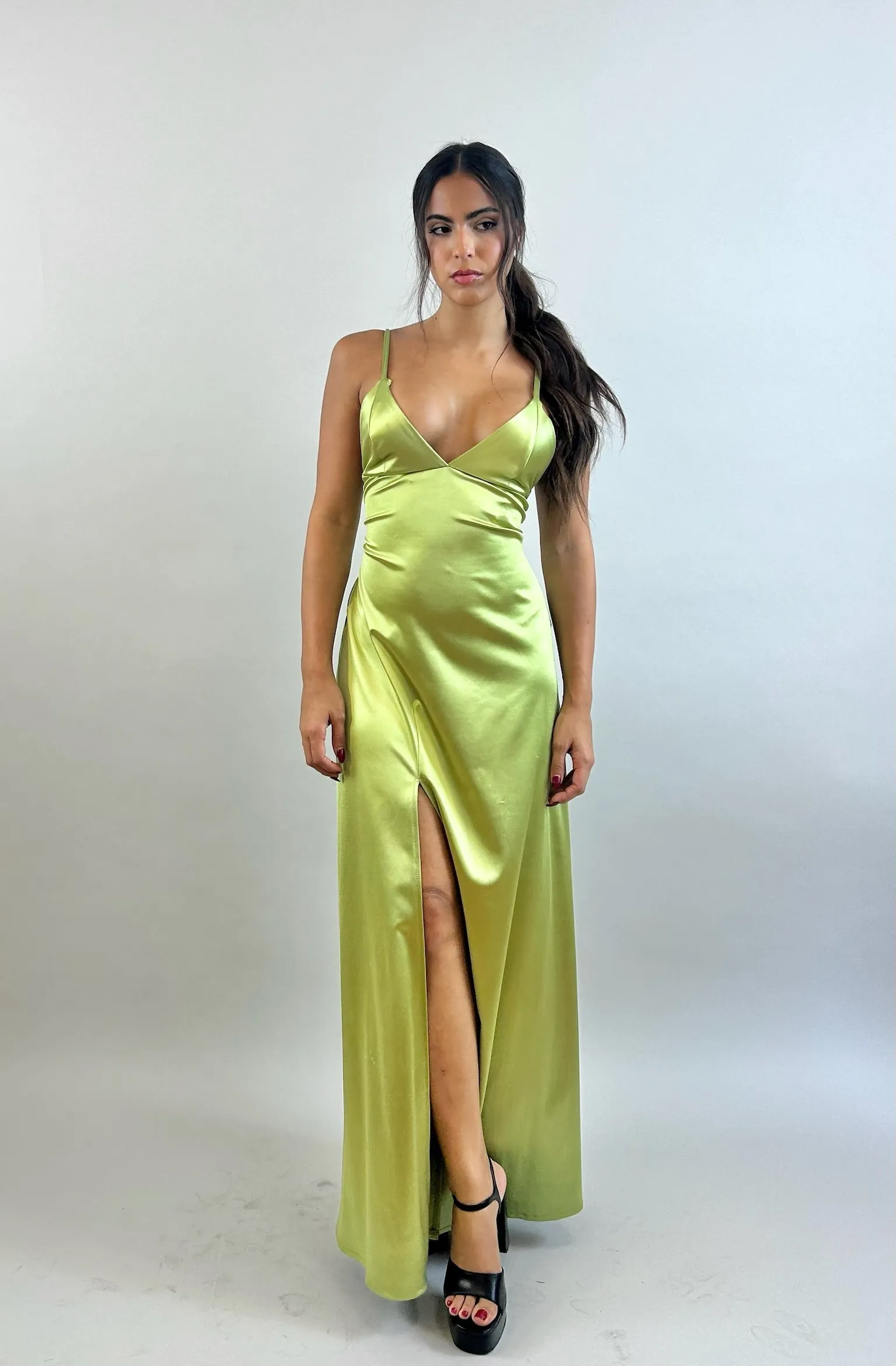 Jessy - Bright Green V-Neck Satin Evening Dress