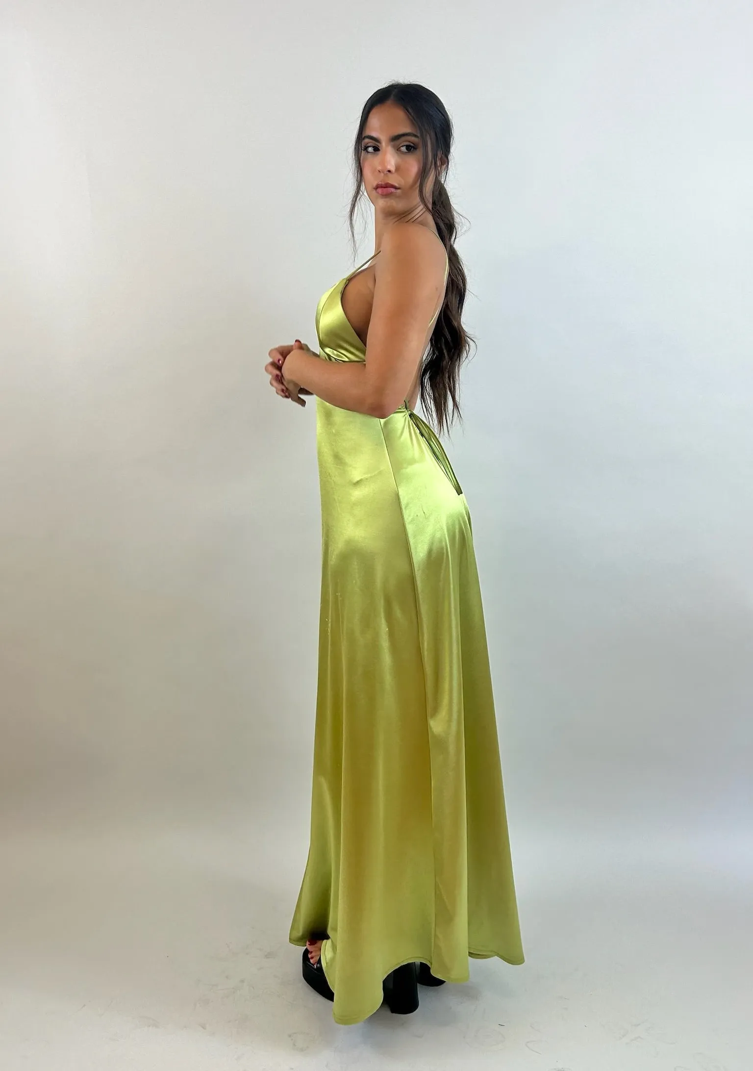 Jessy - Bright Green V-Neck Satin Evening Dress