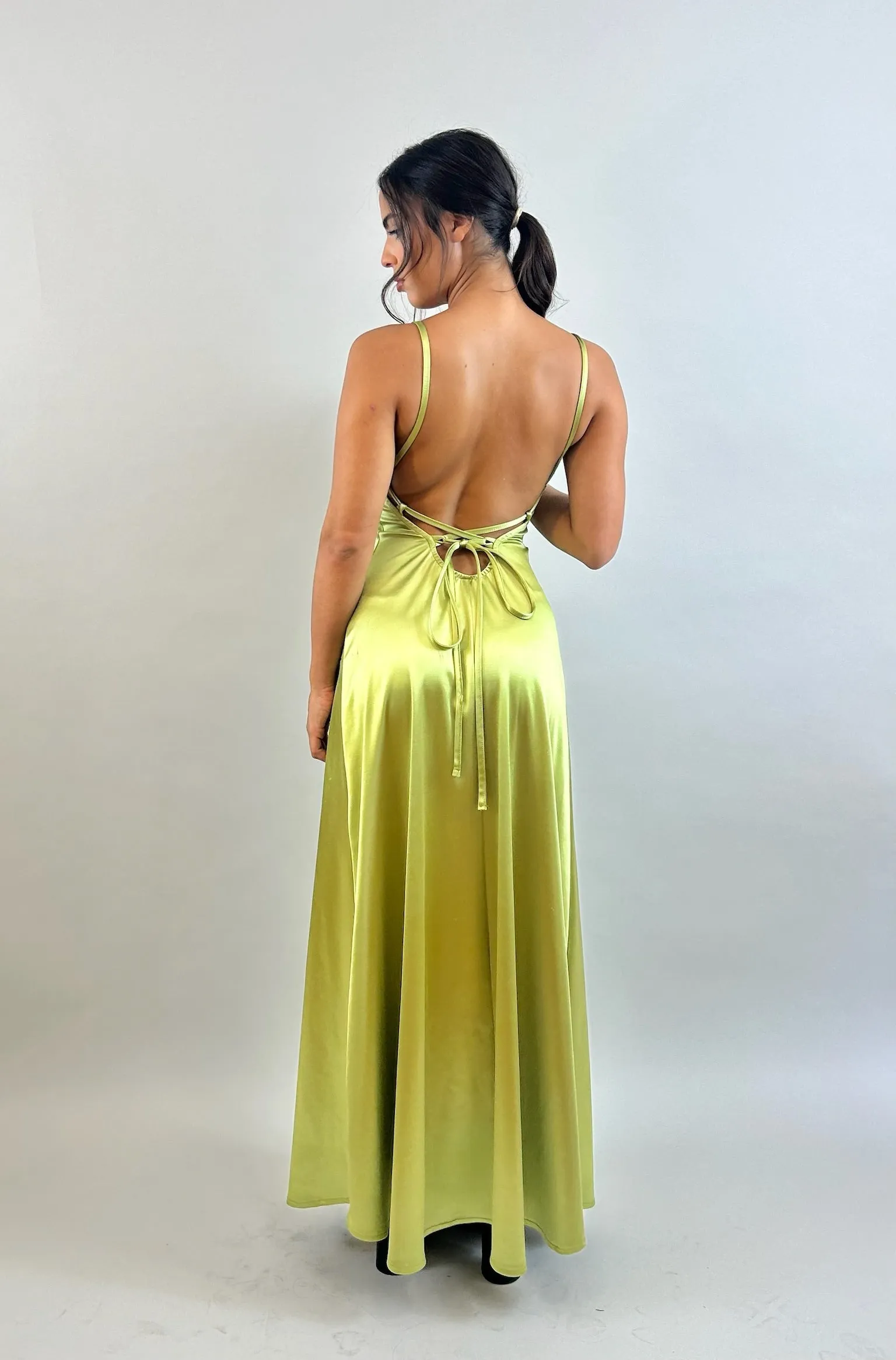 Jessy - Bright Green V-Neck Satin Evening Dress