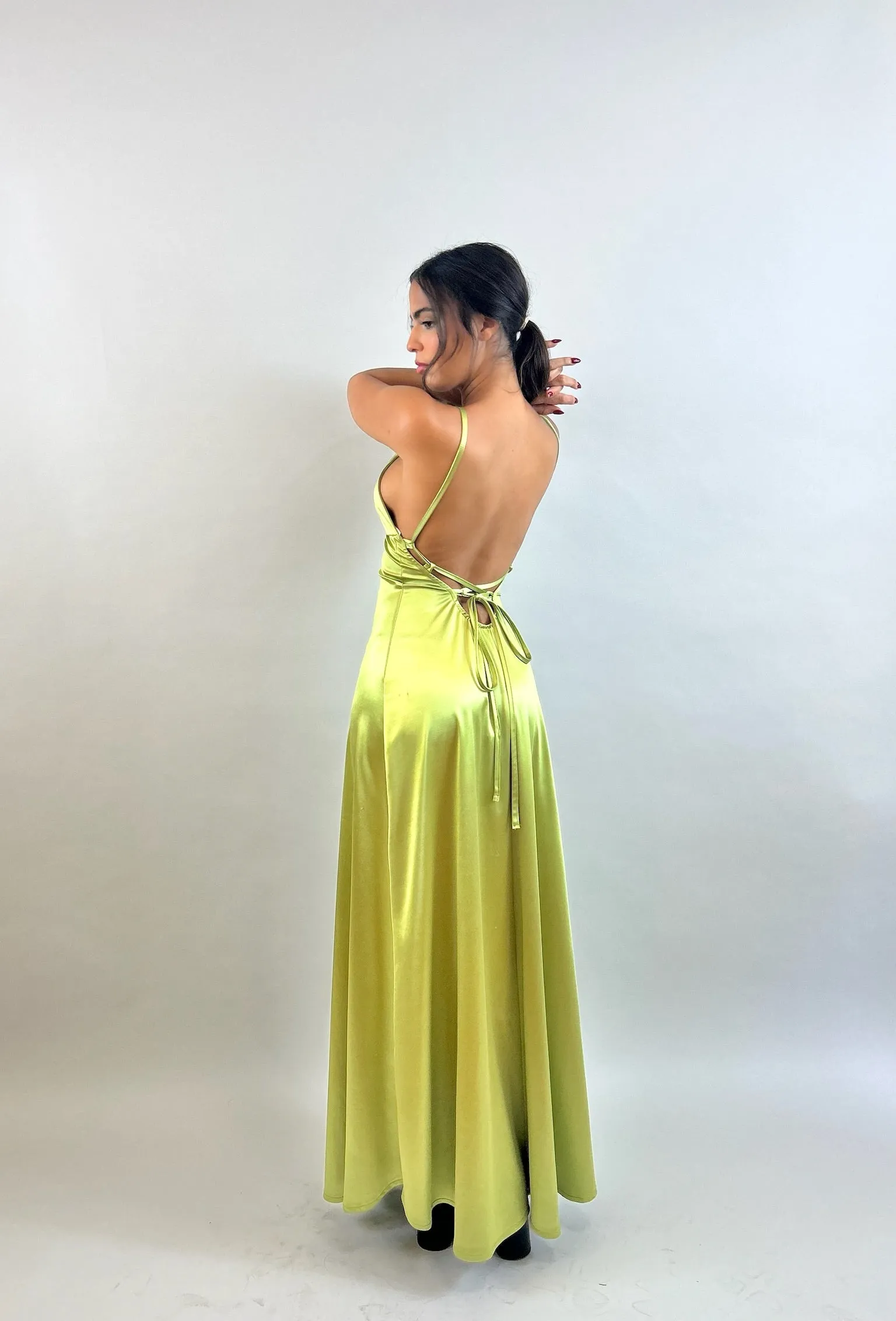 Jessy - Bright Green V-Neck Satin Evening Dress