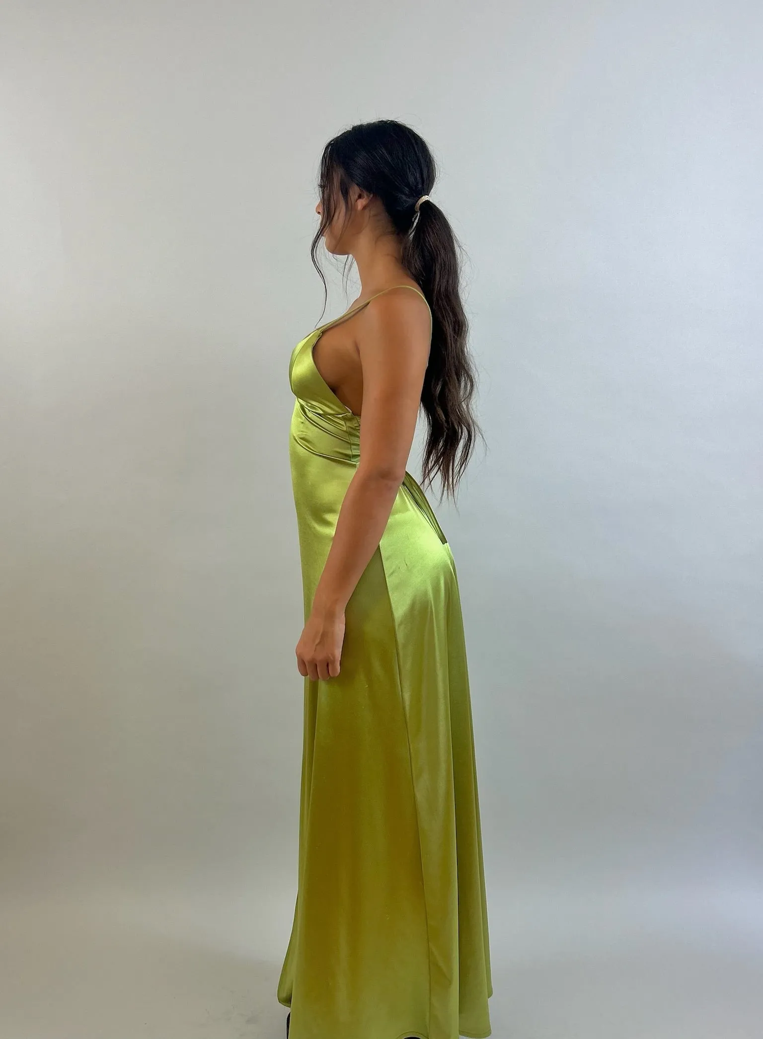 Jessy - Bright Green V-Neck Satin Evening Dress