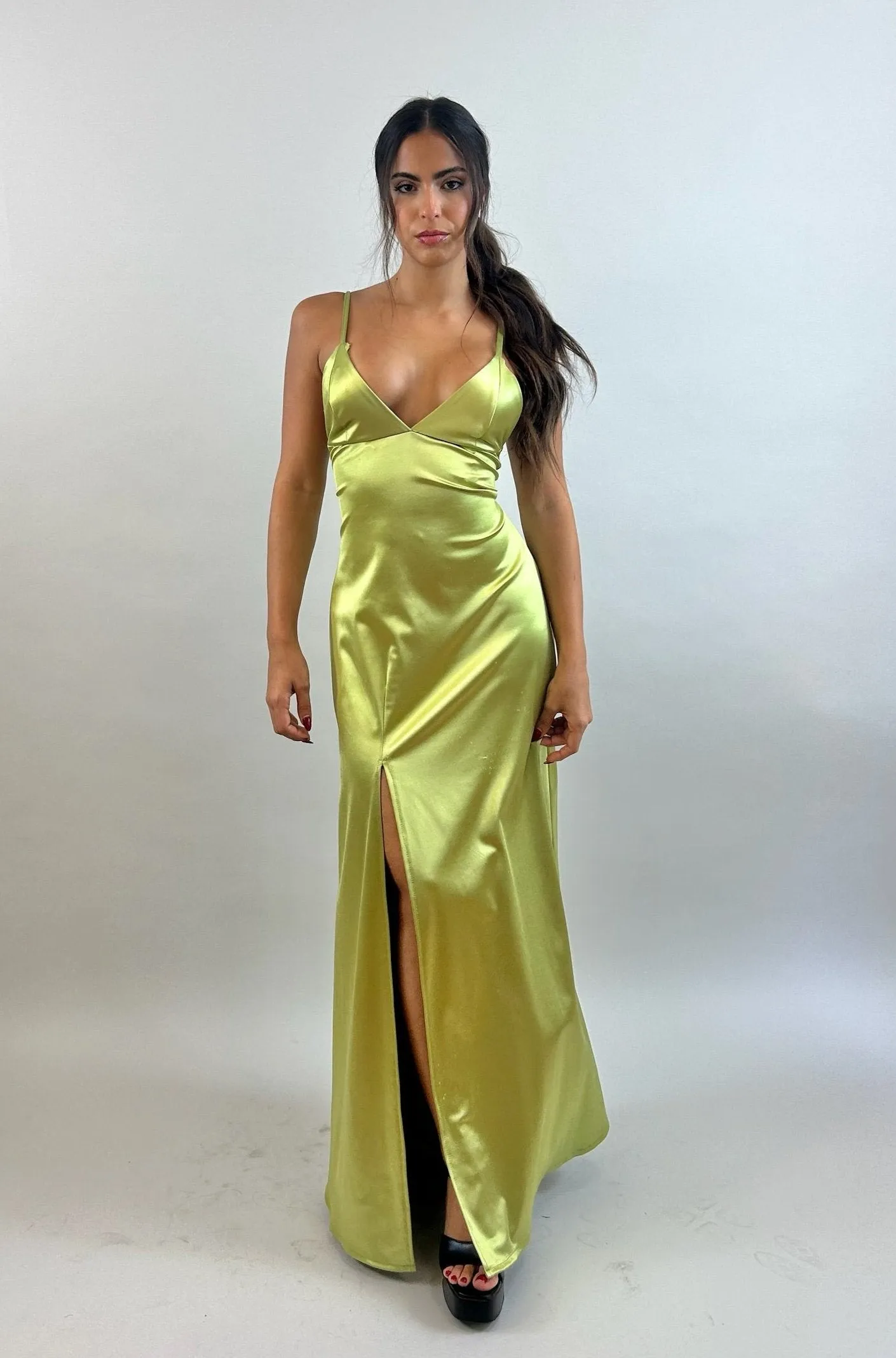 Jessy - Bright Green V-Neck Satin Evening Dress
