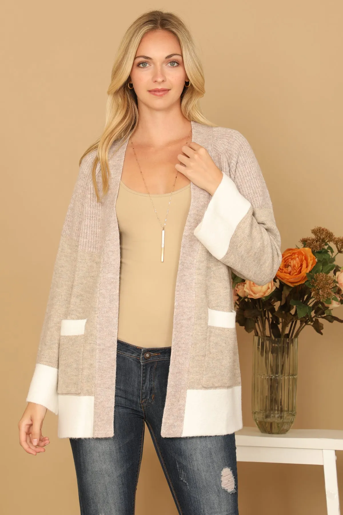 KNITTED DETAIL LONG SLEEVE OPEN CARDIGAN