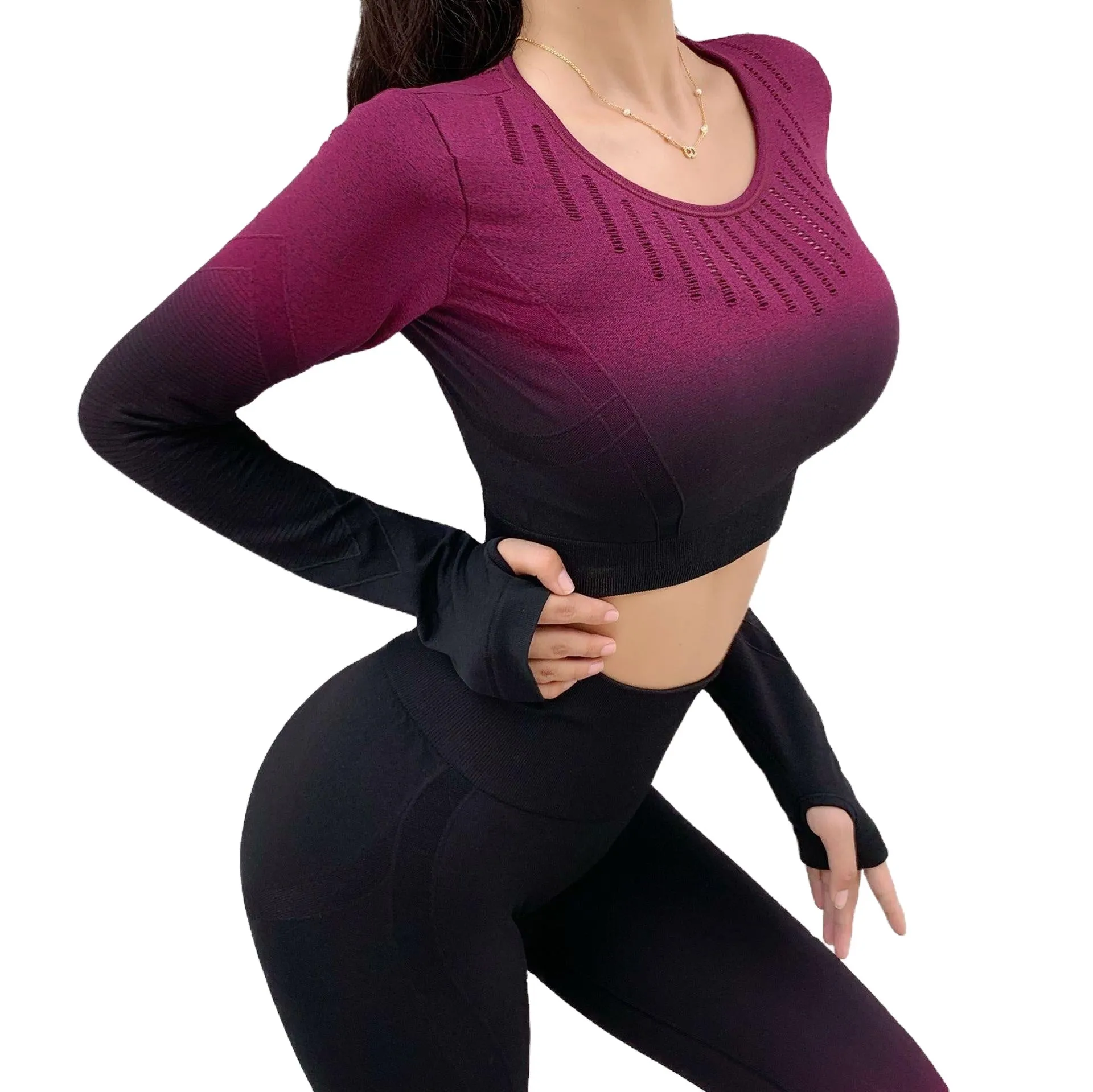 Ladies' Autumn Winter Gradient Color Hollow Long-Sleeve Yoga  Women's Tight Hip Pants Running Fitness Sports Sets