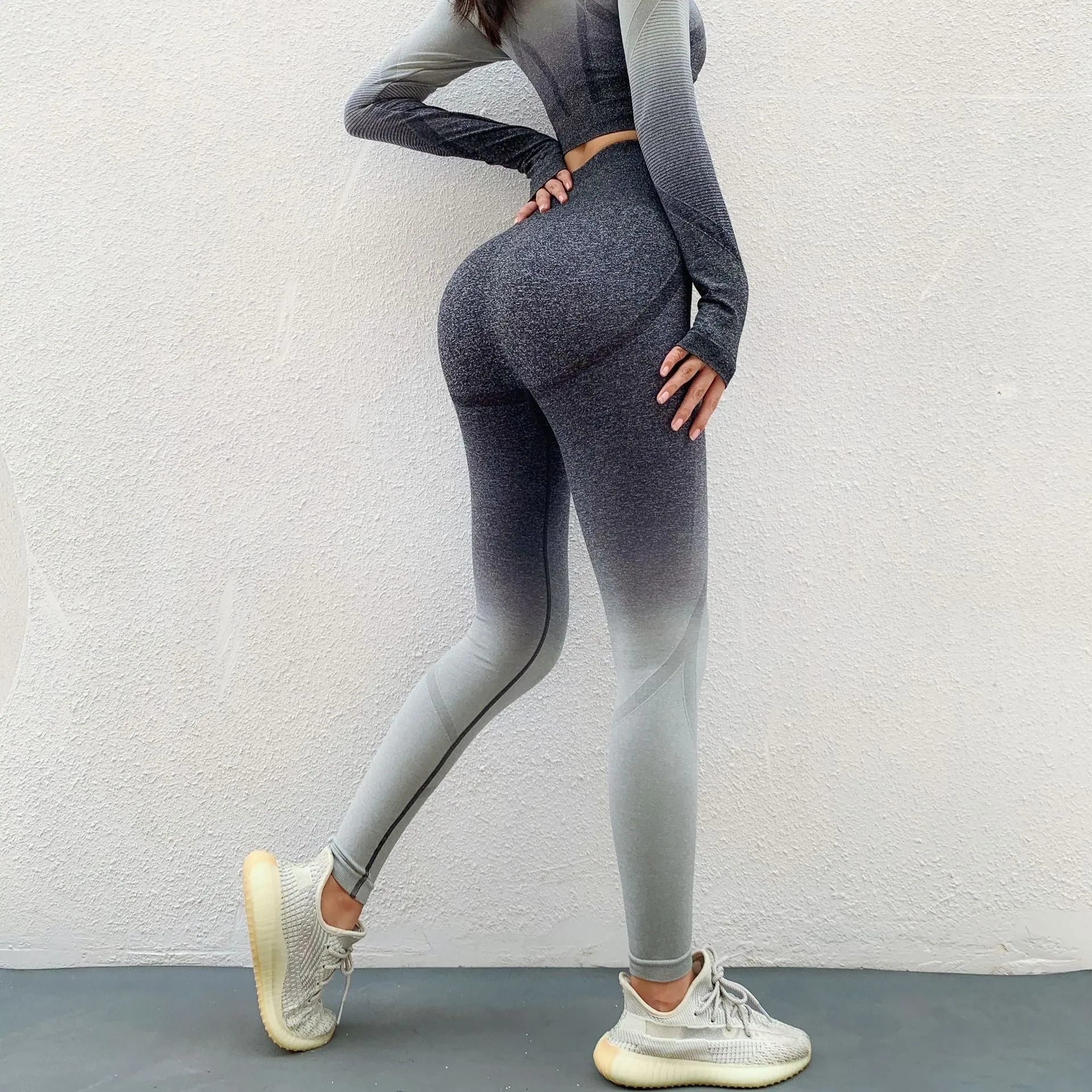 Ladies' Autumn Winter Gradient Color Hollow Long-Sleeve Yoga  Women's Tight Hip Pants Running Fitness Sports Sets
