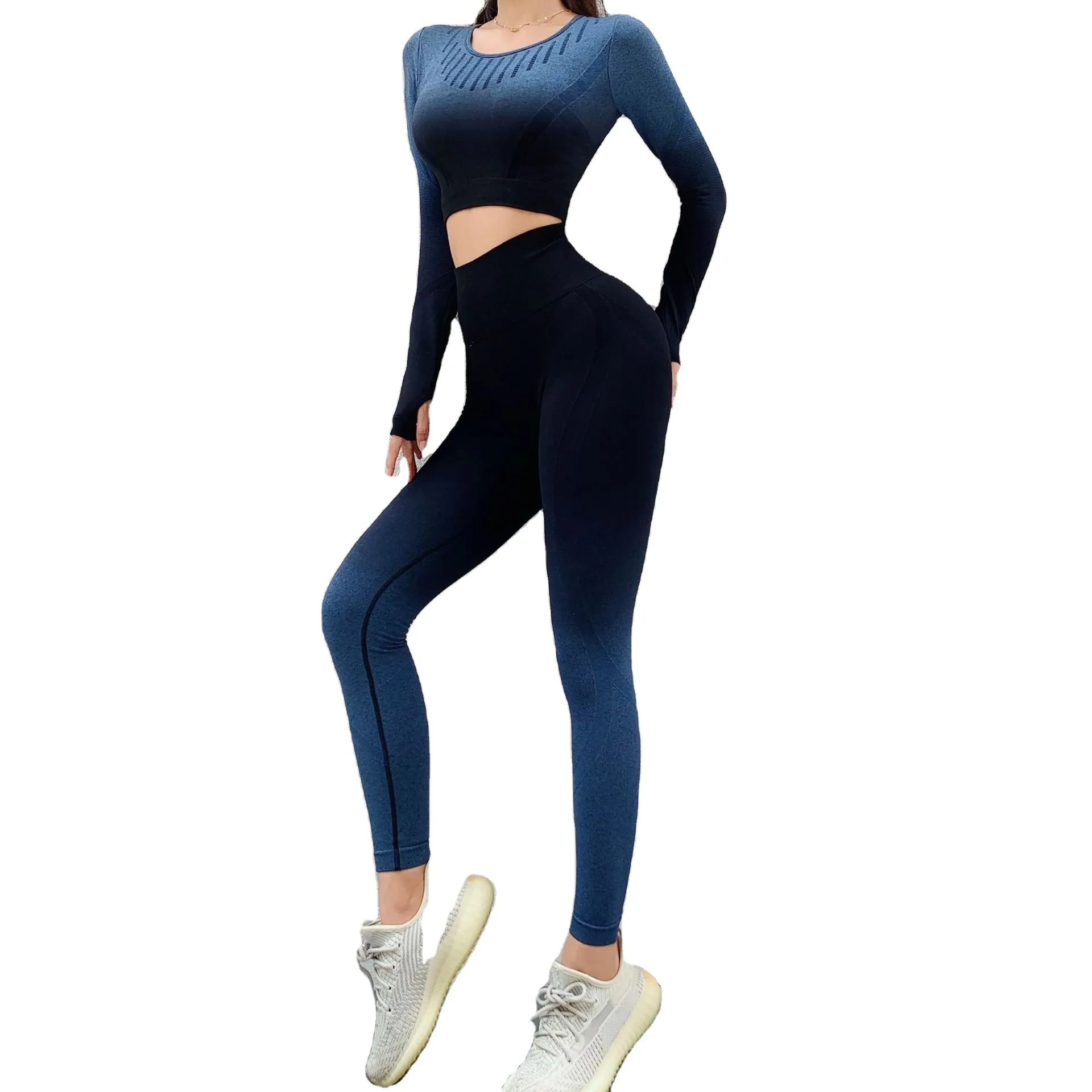 Ladies' Autumn Winter Gradient Color Hollow Long-Sleeve Yoga  Women's Tight Hip Pants Running Fitness Sports Sets