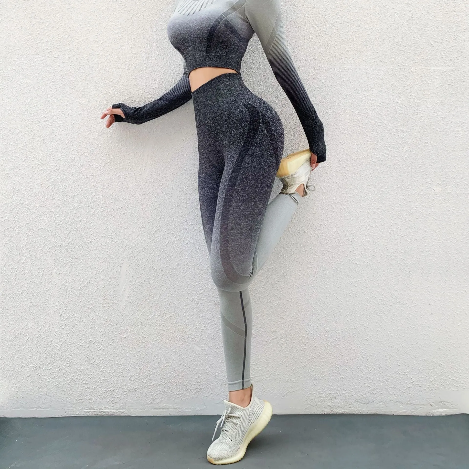 Ladies' Autumn Winter Gradient Color Hollow Long-Sleeve Yoga  Women's Tight Hip Pants Running Fitness Sports Sets