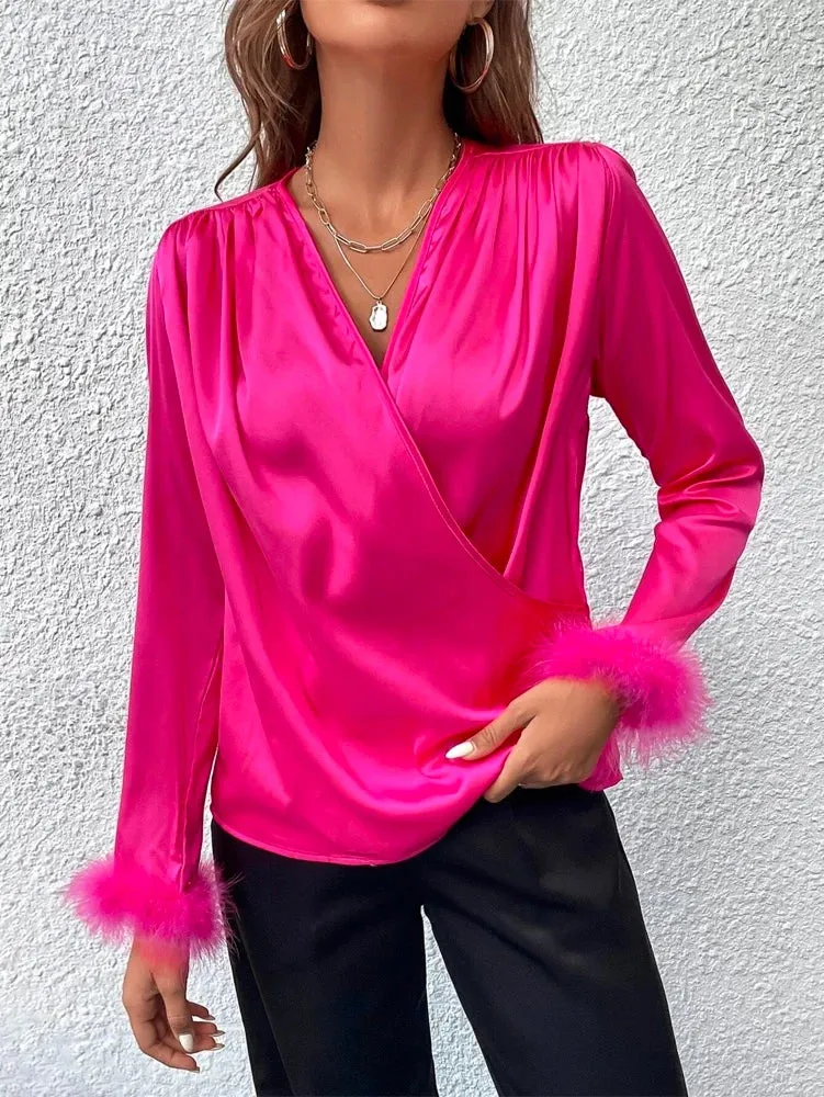 Leisure Fluorescent Feathers V-Neck Blouses&Shirts Tops