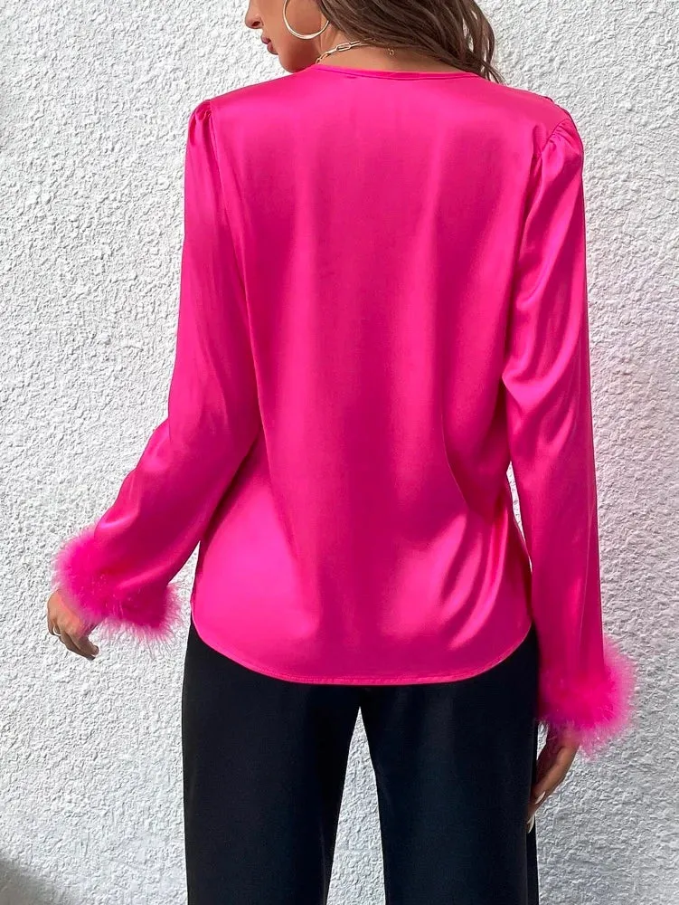 Leisure Fluorescent Feathers V-Neck Blouses&Shirts Tops