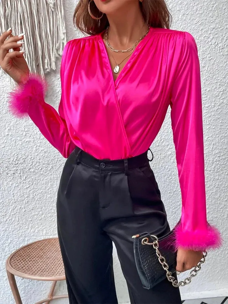 Leisure Fluorescent Feathers V-Neck Blouses&Shirts Tops