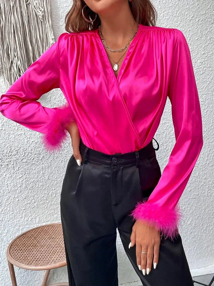 Leisure Fluorescent Feathers V-Neck Blouses&Shirts Tops