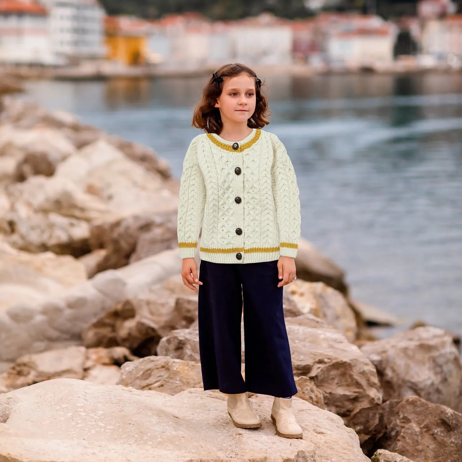 London Days Merino Children's Cardigan - Cream & Yellow