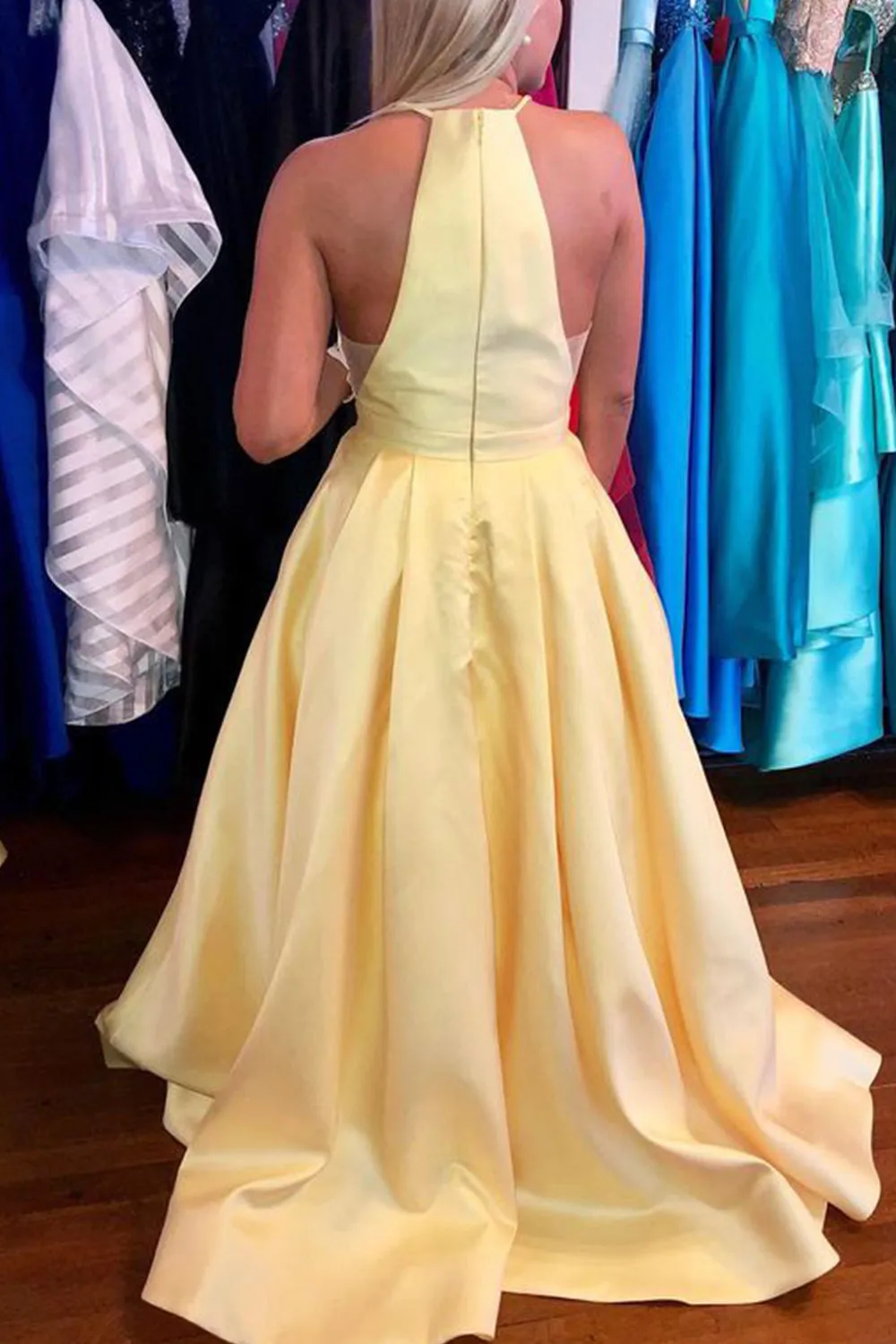 MACloth Halter Illusion V Neck Long Prom Dress Yellow Formal Evening Gown