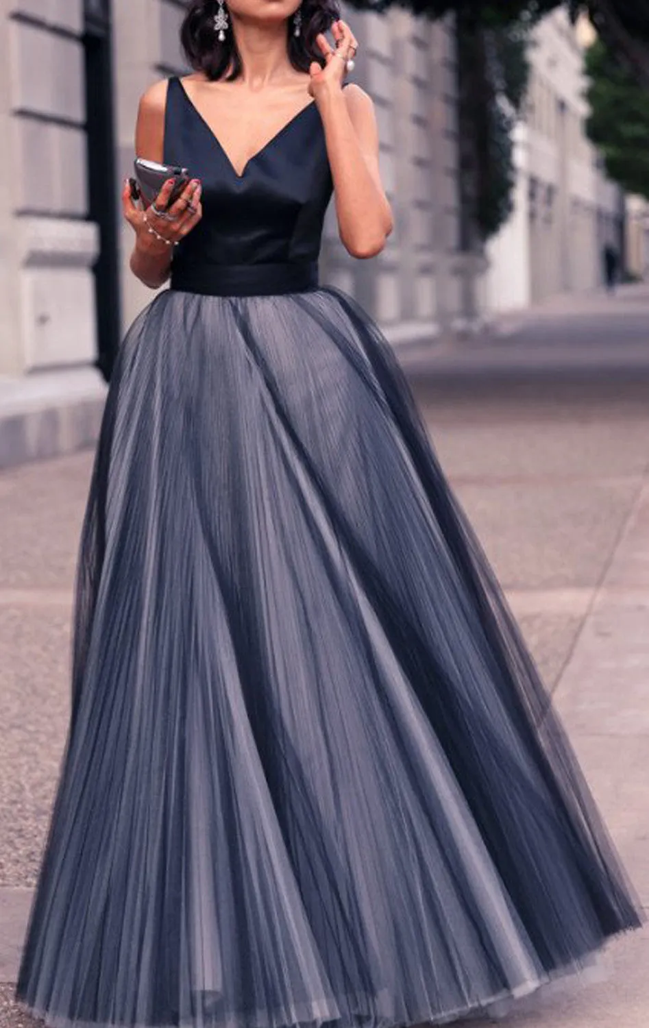 MACloth Straps V neck Dark Navy Prom Dress Ball Gown Tulle Wedding Party Formal Gown