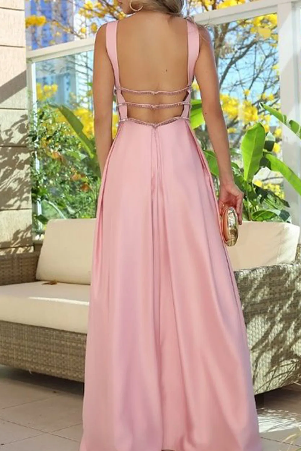 MACloth Straps V Neck Satin Long Prom Dress Pink Formal Evening Gown