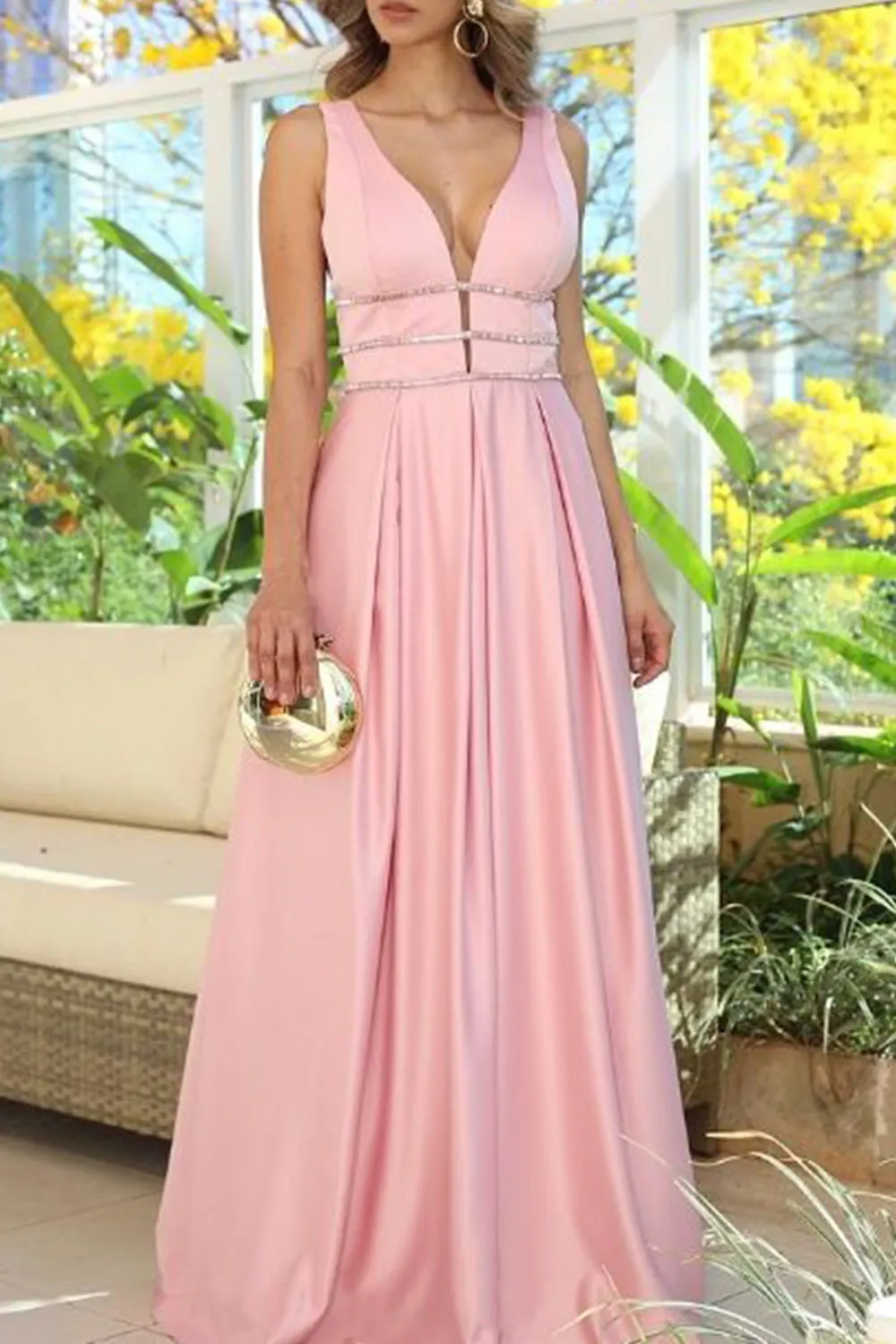 MACloth Straps V Neck Satin Long Prom Dress Pink Formal Evening Gown