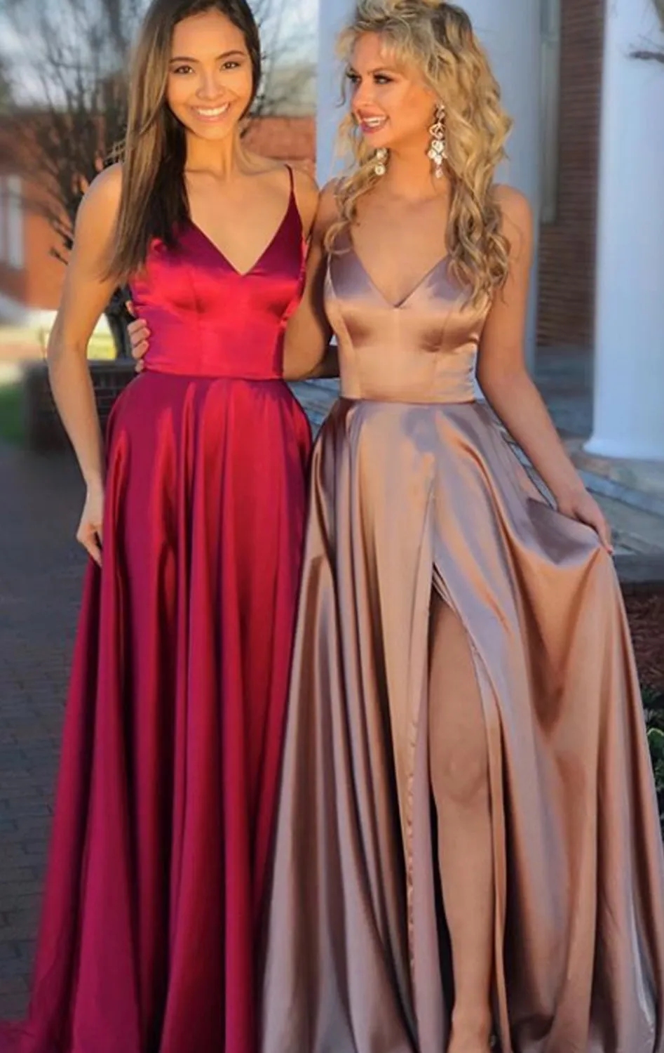 MACloth Straps V Neck Satin Long Prom Dress with Slit Wine Red / Champagne Formal Evening Gown