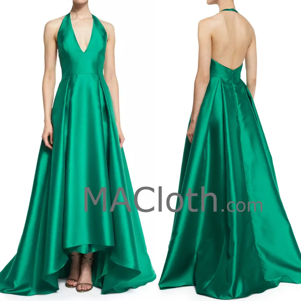 MACloth Women Halter Women A Line Satin Ball Gown V Neck Evening Dress