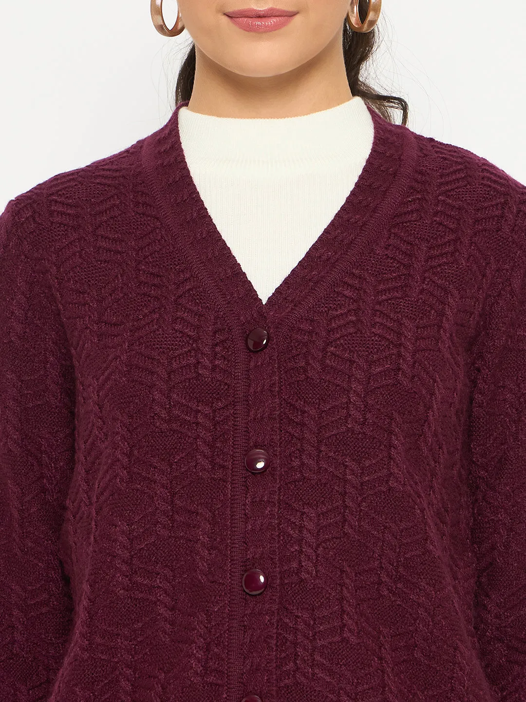 Madame Cable Knit V Neck Wine Cardigan