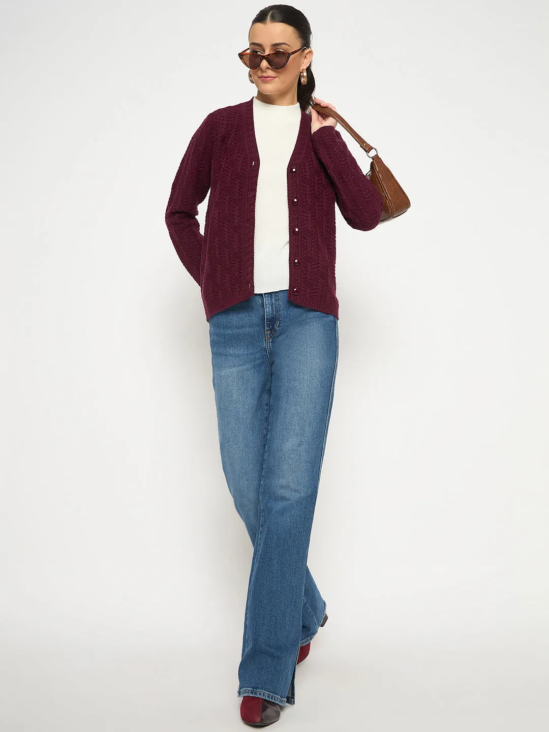 Madame Cable Knit V Neck Wine Cardigan
