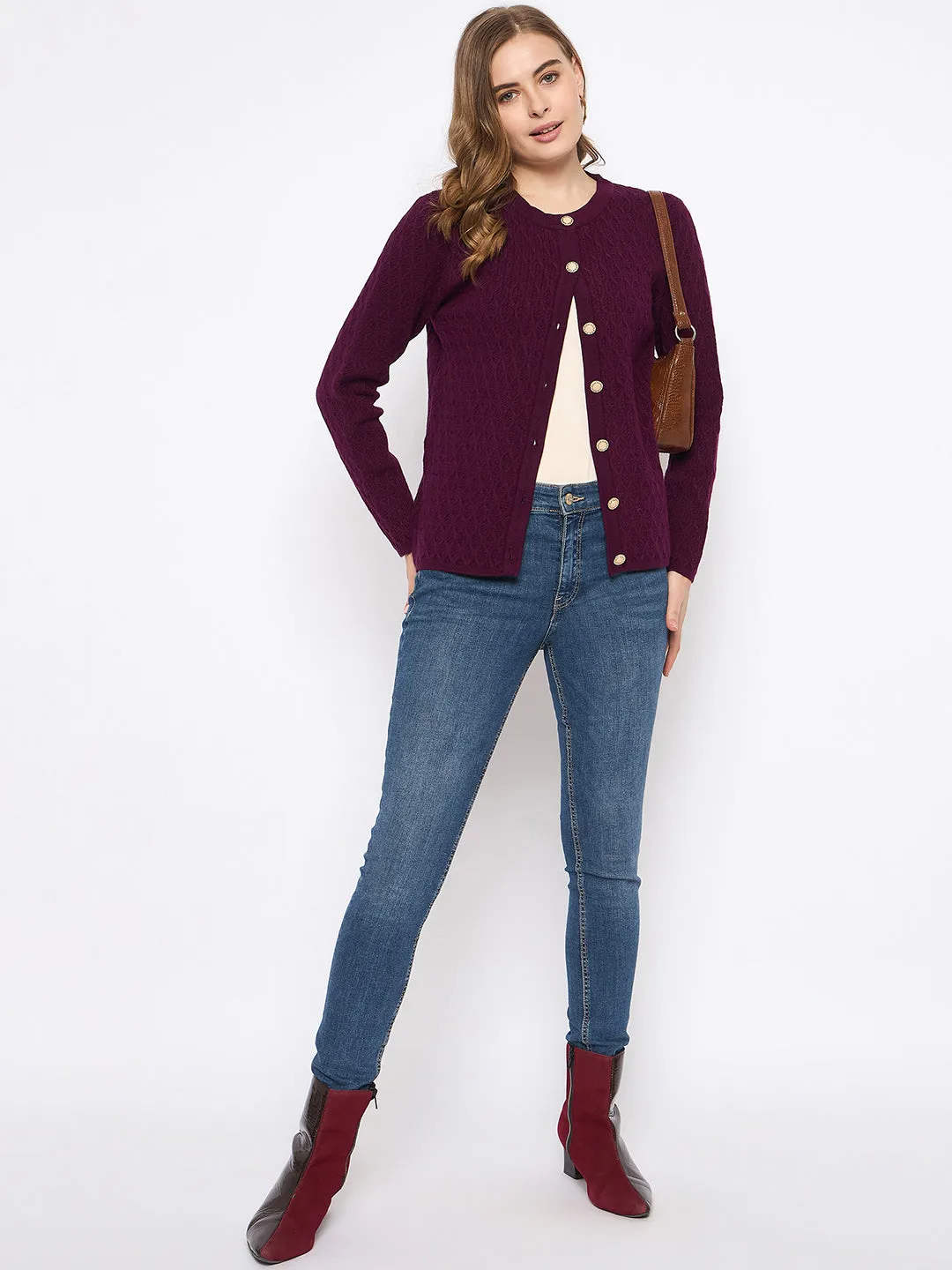 Madame Round Neck Wine Red Nylon Blend Cardigan