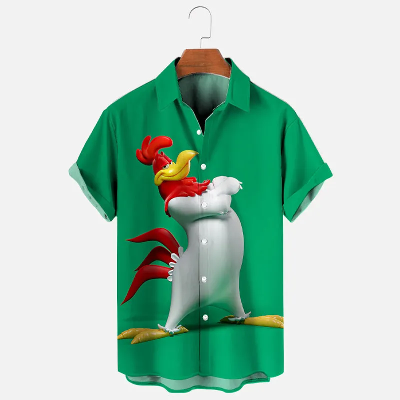 Men's Cartoon Chicken Print Short Sleeve Shirt