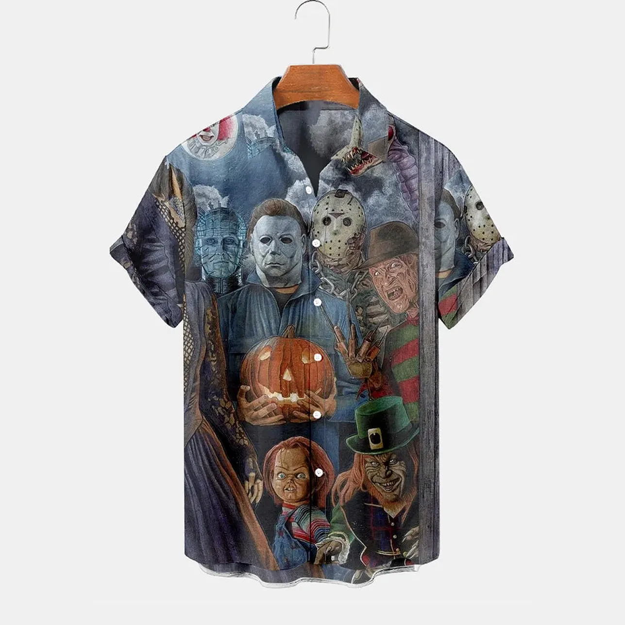 Men's Horror Character Print Chest Pocket Short Sleeve Shirt