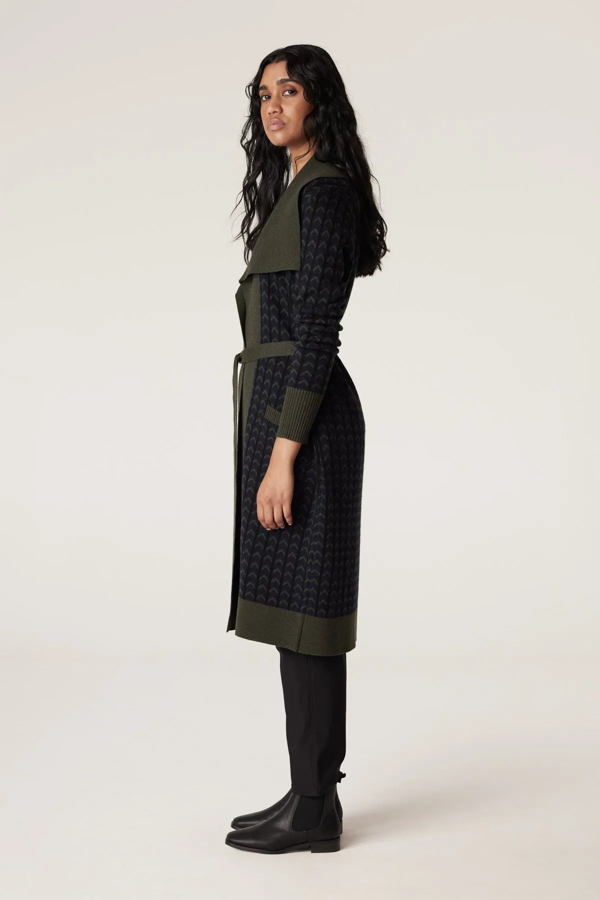Merino Chevron Cardigan - Khaki Chevron