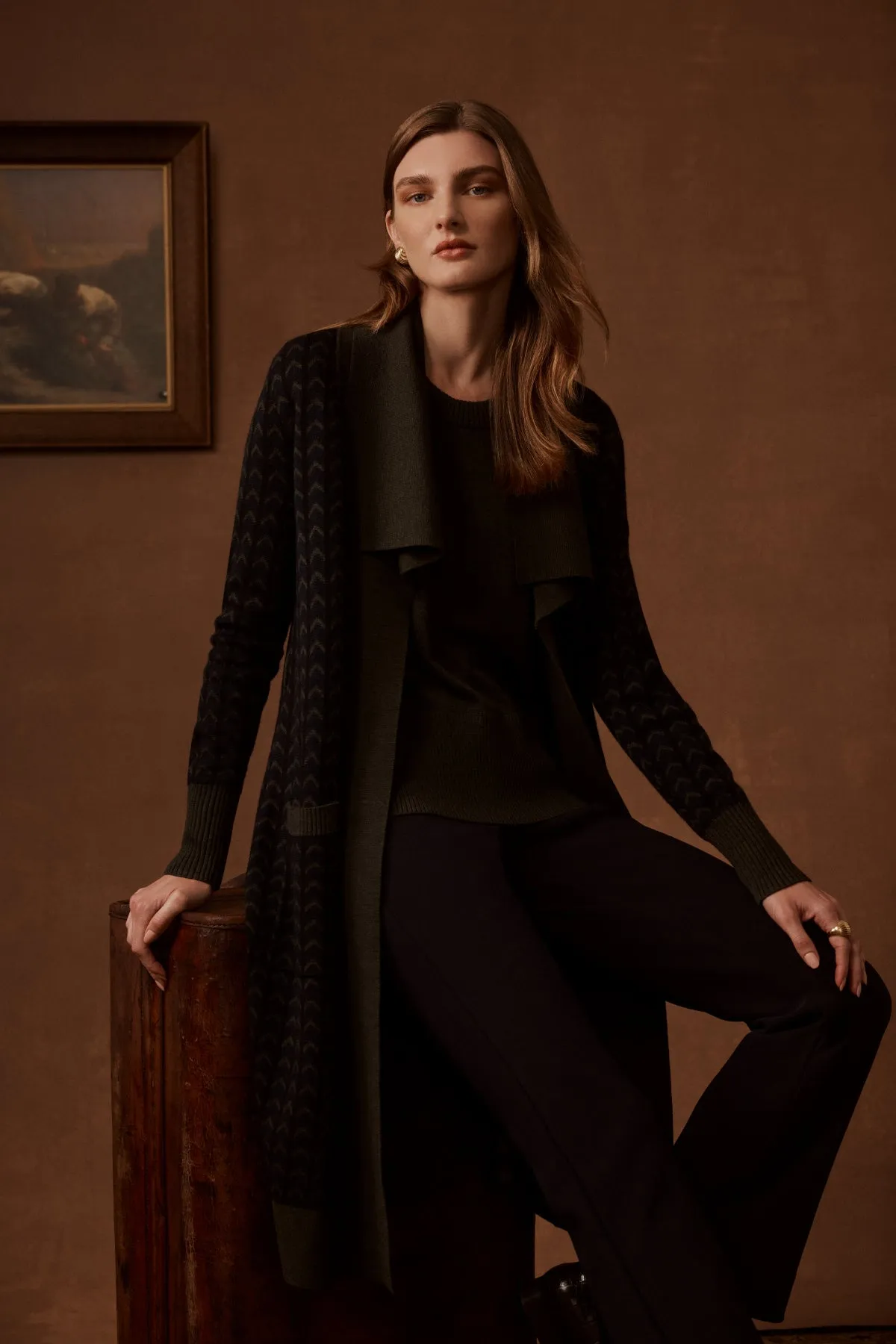 Merino Chevron Cardigan - Khaki Chevron