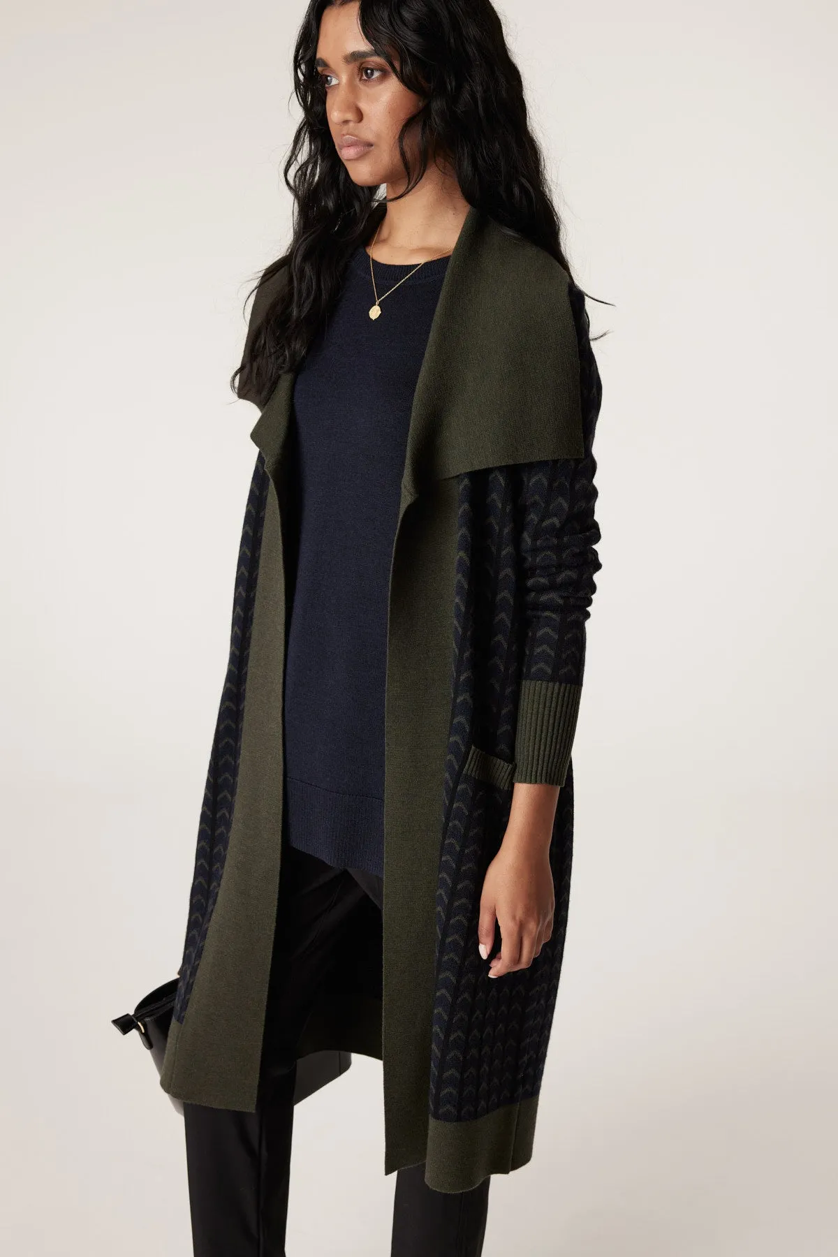 Merino Chevron Cardigan - Khaki Chevron