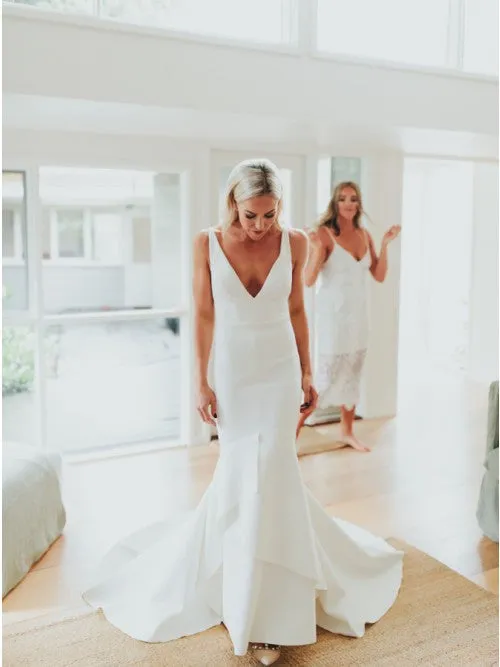 Mermaid V-Neck Backless Sweep Train Satin Charming Wedding Dresses OKK45