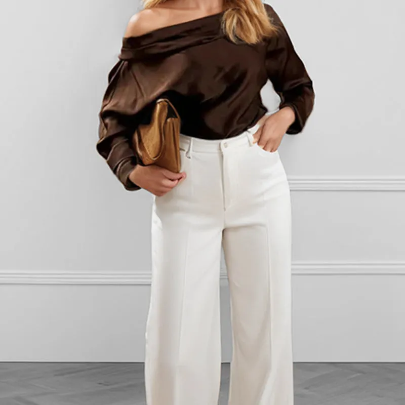 MOMENTLOVER popular Autumn New 2025 Women's Clothing Bottom Shirt Elegant  Slant Neck Satin Long Sleeve Off-Shoulder Women's Top
