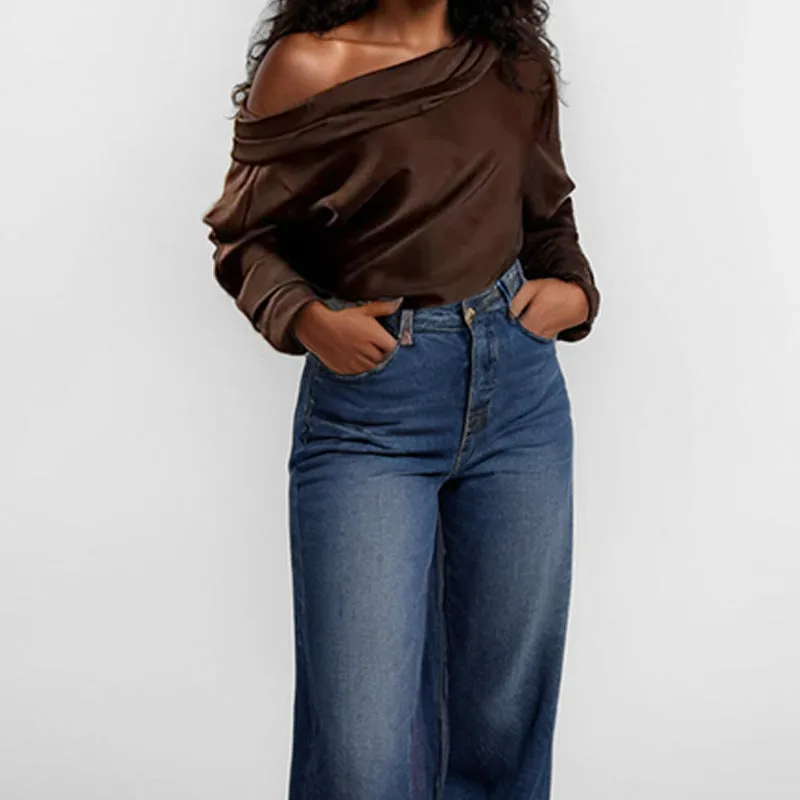 MOMENTLOVER popular Autumn New 2025 Women's Clothing Bottom Shirt Elegant  Slant Neck Satin Long Sleeve Off-Shoulder Women's Top