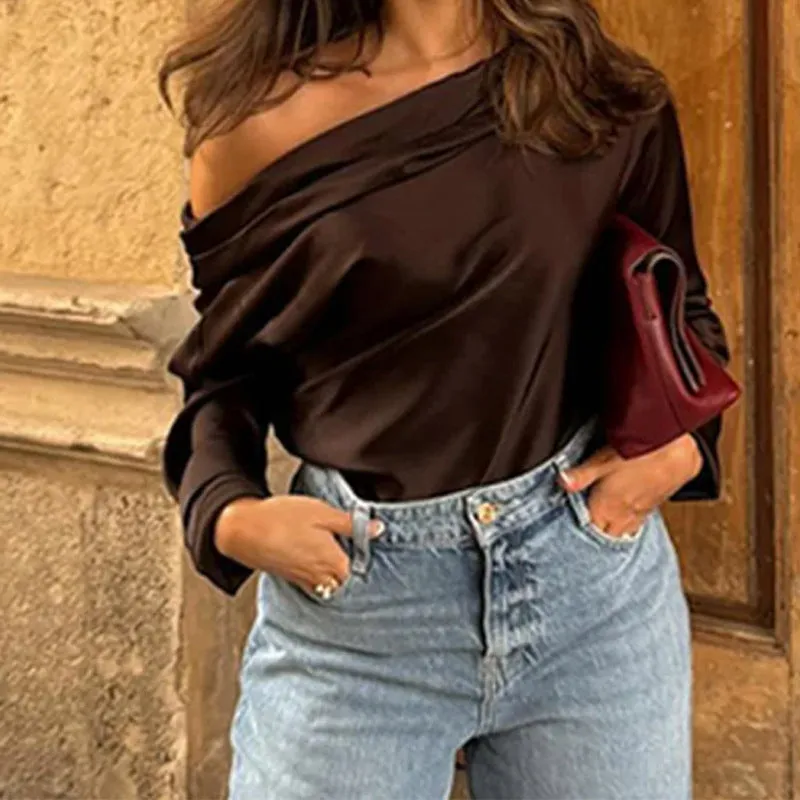 MOMENTLOVER popular Autumn New 2025 Women's Clothing Bottom Shirt Elegant  Slant Neck Satin Long Sleeve Off-Shoulder Women's Top