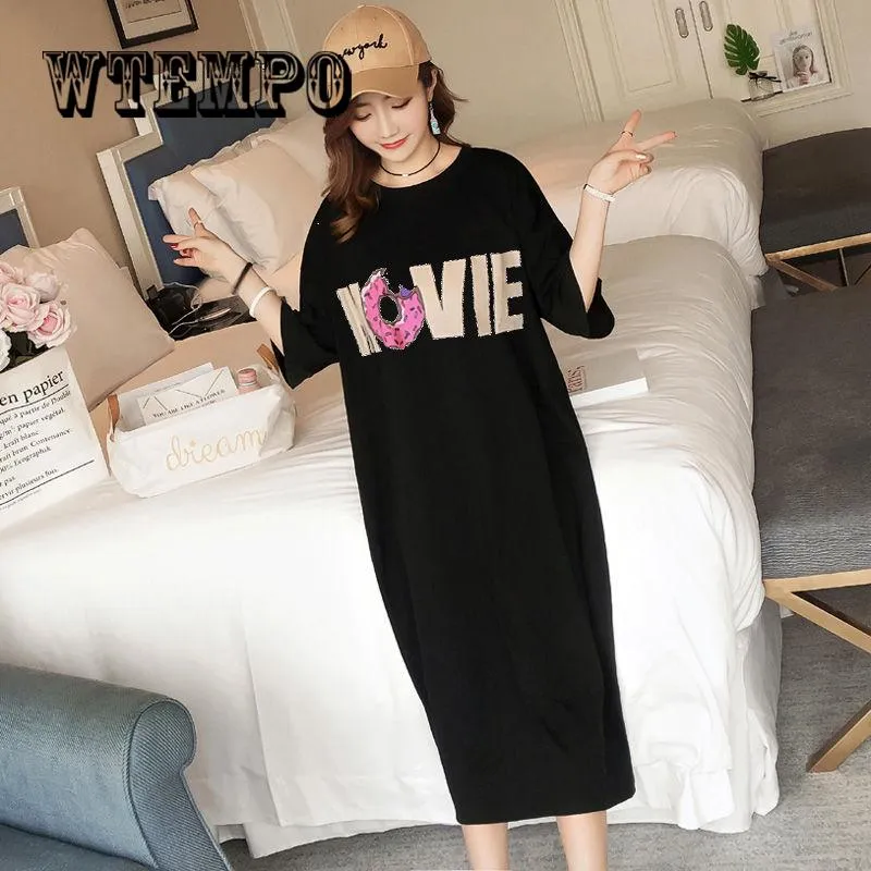 New Summer  Women Casual Cute Short Sleeve Letter Print Dresses Loose Plus Size Long T Shirts