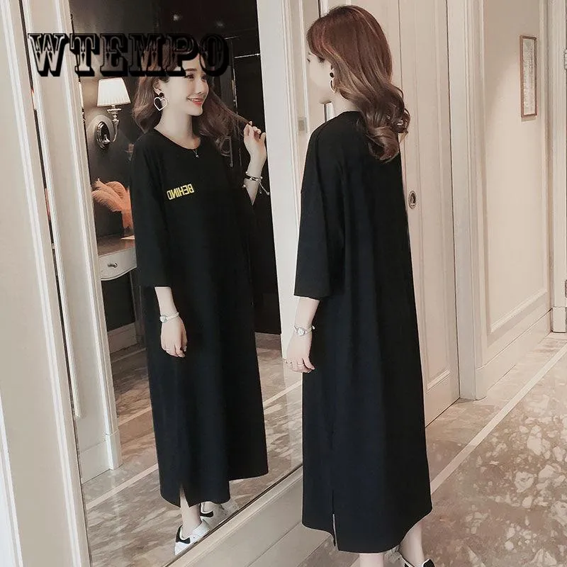 New Summer  Women Casual Cute Short Sleeve Letter Print Dresses Loose Plus Size Long T Shirts