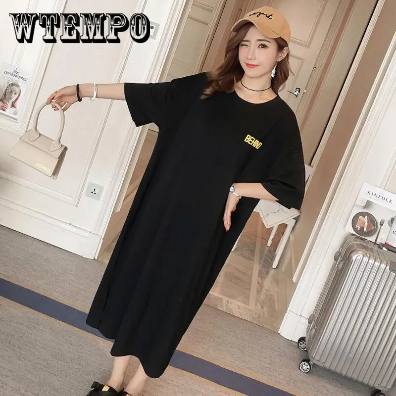New Summer  Women Casual Cute Short Sleeve Letter Print Dresses Loose Plus Size Long T Shirts