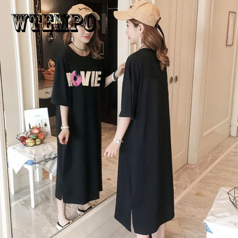 New Summer  Women Casual Cute Short Sleeve Letter Print Dresses Loose Plus Size Long T Shirts