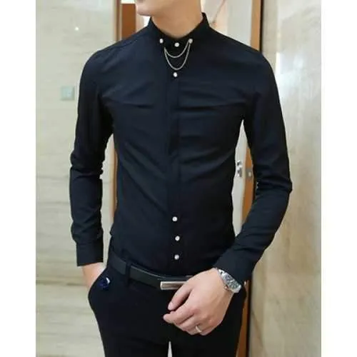 Nightclub Turn-down Collar Solid Color Slimming Metal Chain Embellished Long Sleeves Men's Shirt - Black L
